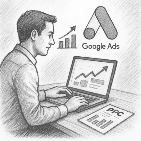 Čiernobiela ilustrácia správy a nastavenia PPC kampane v Google Ads