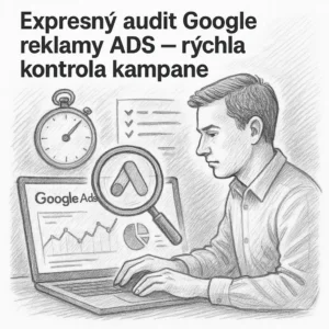 Čiernobiela ilustrácia auditu Google Ads a kontroly reklamnej kampane