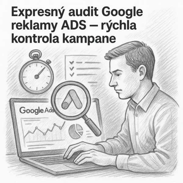 Čiernobiela ilustrácia auditu Google Ads a kontroly reklamnej kampane
