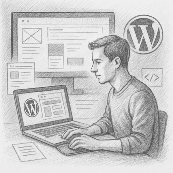 Ilustrácia tvorby webstránky cez CMS WordPress – čiernobiely nákres