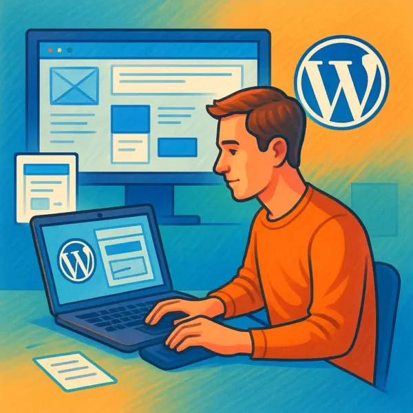 Farebná ilustrácia vývoja WordPress webstránky cez CMS systém